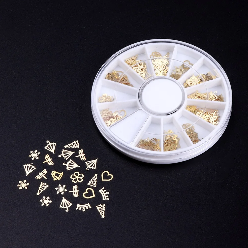 

360pcs/ box Wholesale Christmas Gold Nail Art Beauty Metal Patch Ornaments Rivets Nest Nail Sequins Rhinestones Decoration
