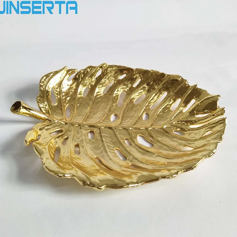 

JINSERTA Metal Serving Tray Jewelry Display Plate Luxury Leaf Dessert Fruit Cake Nuts Plate for Home Party Wedding Decor Gifts