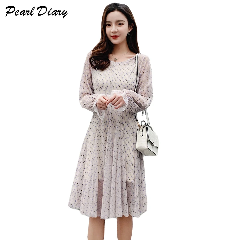 

2019 Spring New Dress Women 2/pcs Set Fashion Pleated Long Sleeve Slim A-line Dot Mesh Dress Elegant Casual Sexy Dresses