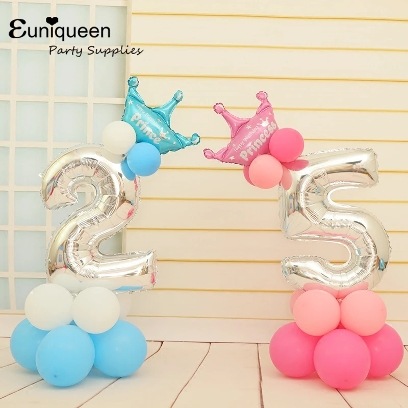 

Baby Shower Decor Pillars Pink Blue 30" Silver Digital Ballon number 0-9 With Crown And Latex Set Ballon Party Road Lead Ballon