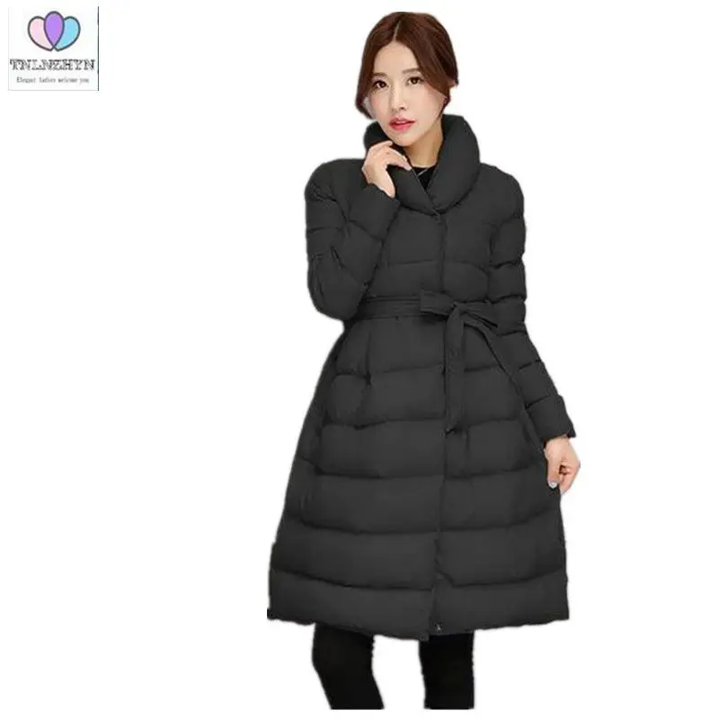 

2017 Winter New Korean Women Slim Cotton coat Medium long Down jacket Large size Casual Thick Warm Cotton jacket with Belt AB97