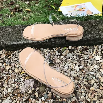 

PVC Jelly Sandals Women Shoes Woman Crystal Open Toe Med Heels Transparent Lace Up Casual Sandals Plus Size Pumps Female Sandals