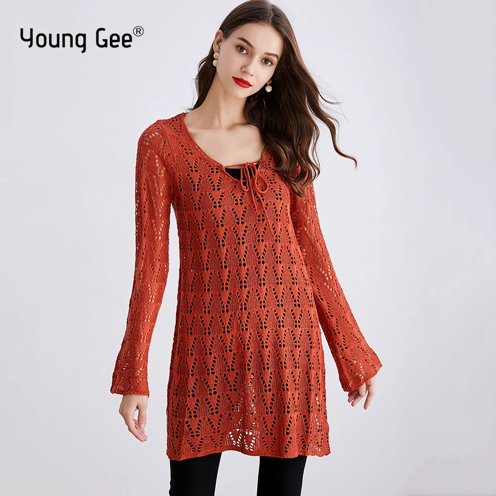 Young Gee Sweaters Women Casual Knitted Long Flare Sleeve Tops Crochet Floral Female High Street Chic Lace Up Pullover Jumper | Женская