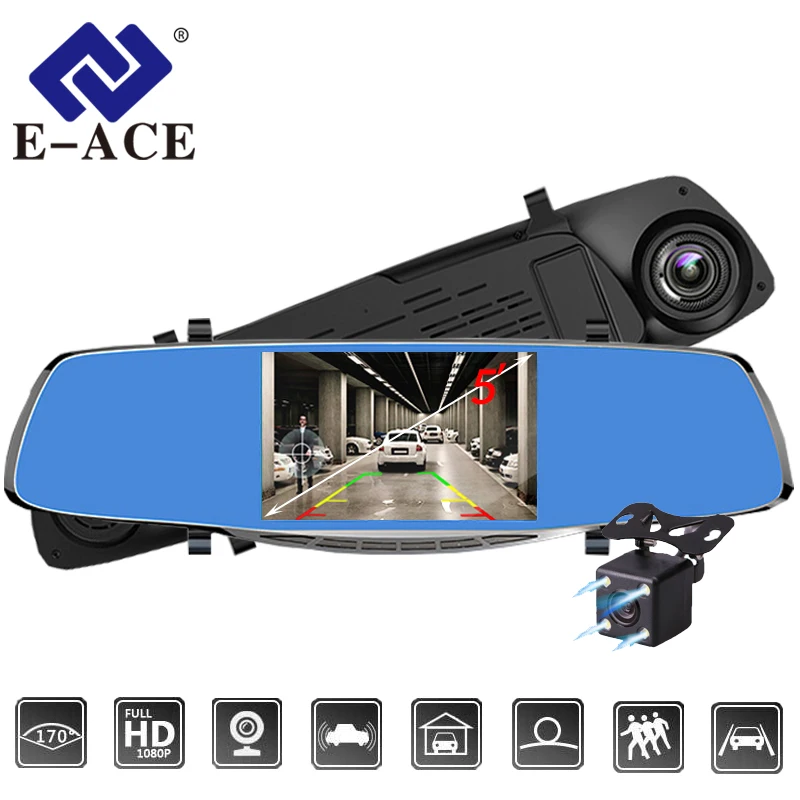 Kopen E ACE Auto DVR 5 inch Camera Full HD 1080 p Dual Lens Achteruitkijkspiegel Camcorder Auto Video Registrator Dvr Recorder dash Cam