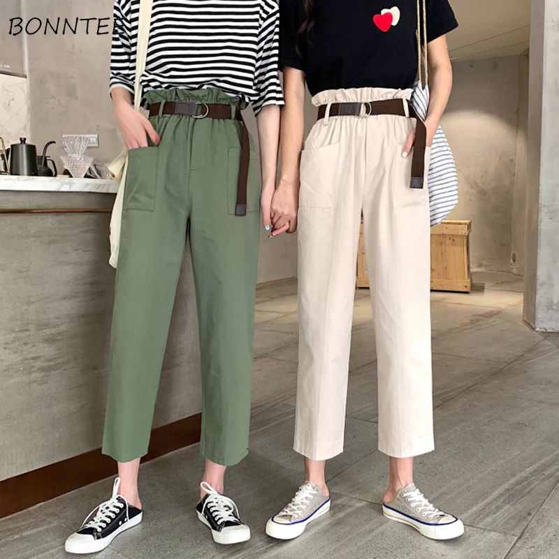 

Pants Women Summer Trendy Harajuku Kawaii Korean Style Ulzzang Solid Elastic Waist High Quality Soft Womens Trousers Chic Casual
