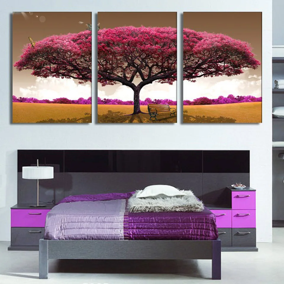

Home Decoration Posters Frame Living Room 3 Pieces Pink Tree Landscape Modern Painting On Canvas Wall Art Pictures HD Printed