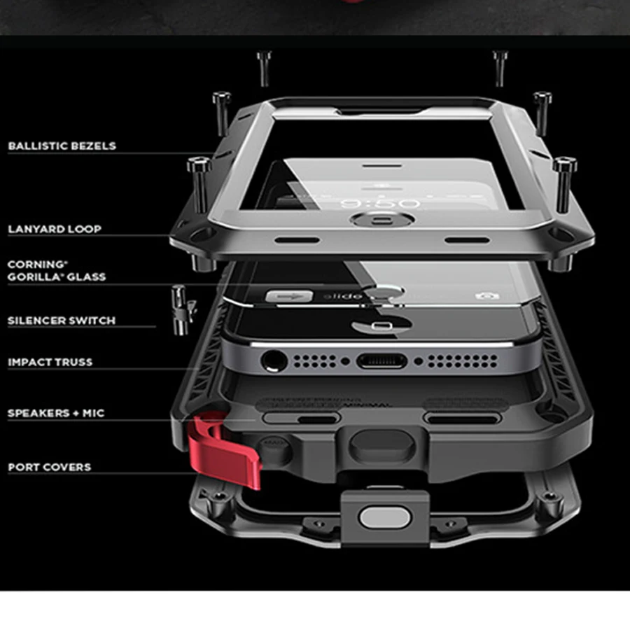 高級ドゥーム鎧ダート衝撃天気4プルーフ金属合金携帯電話ケースiphone用4/4 s 5/5 s/se 6/6 s 6プラス+強化ガラ