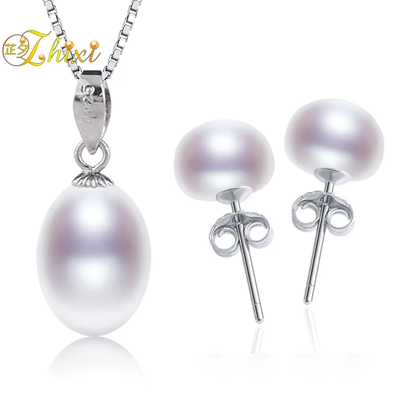 

ZHIXI Pearl Jewelry Set Fine Jewelry 9-10mm Freshwater Pearl Necklace Pendant Stud Earrings For Women New Trendy Party Gift T234