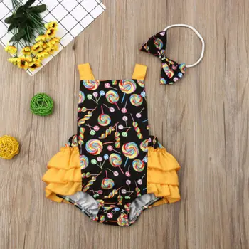 

US Stock Newborn Infant Baby Girl Bodysuit Clothes Sleeveless Ruffles Lollipop Pattern Outfit Summer HeadwearPlaysuit