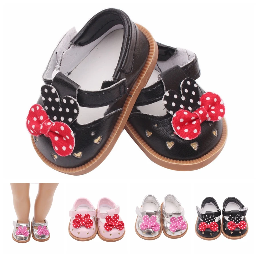 

7cm Dot Bowknot Black/Silver/Pink Doll Shoes American Sport PU Shoe Baby Toys Fit 18 inch Girl and 43cm Baby Doll Accessories