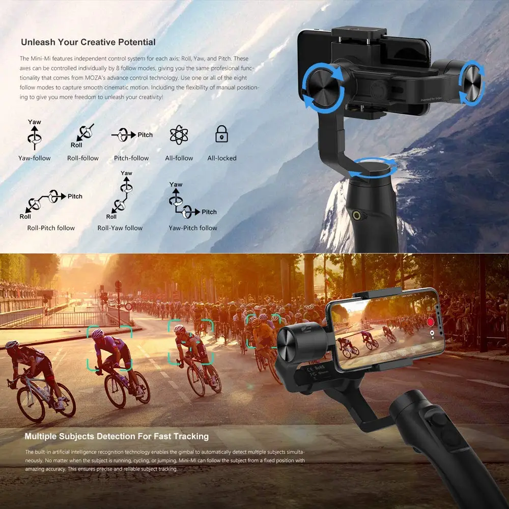 MOZA MINI MI 3-Axis Gimbal стабилизатор для смартфона iPhone X 8 7 6 Plus samsung S9/S9+ S8 беспроводной телефон зарядки в режиме создания