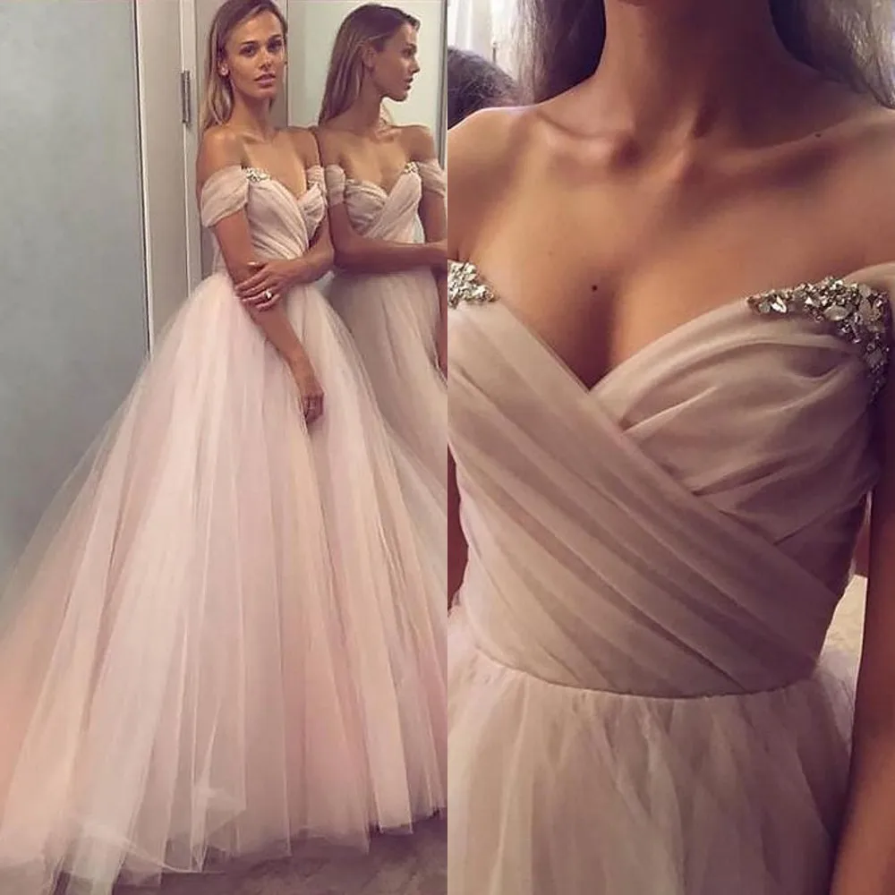 

2019 Light Pink Wedding Dresses Back Lace Up Vestido de Noiva Off The Shoulder Beach Tulle Bridal Gown Robe De Mariee Mariage