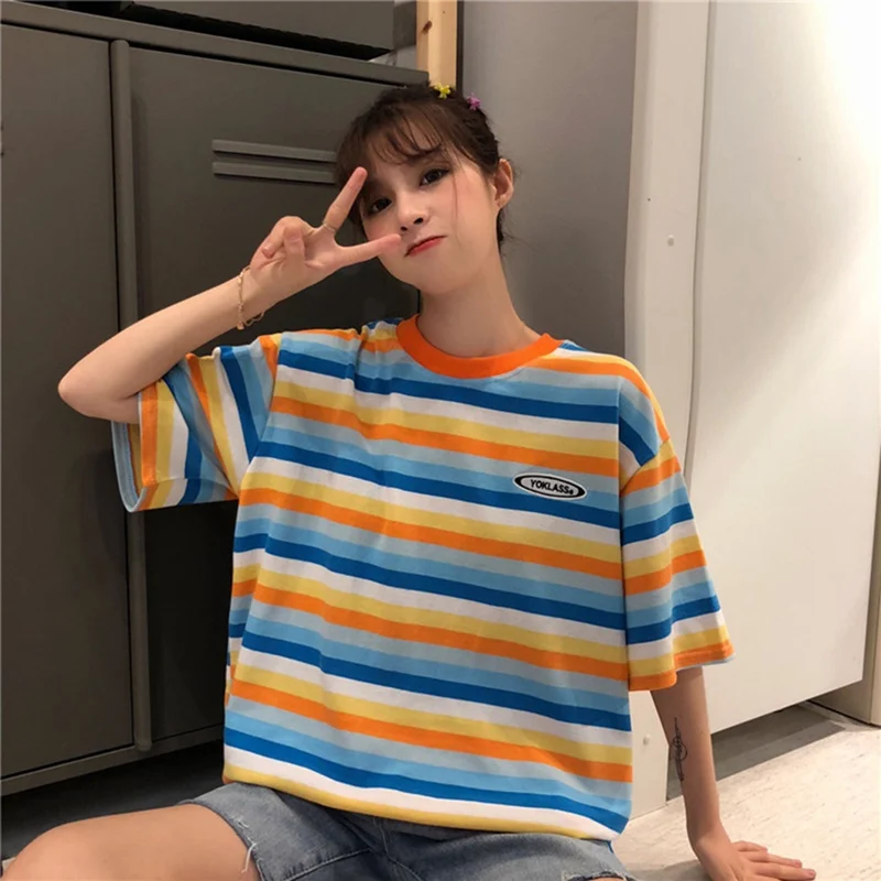 

2019 New Summer T Shirt Women Rainbow Striped Tops Harajuku Tshirt Student Casual Tops Korean Punk T-shirt camiseta feminina