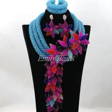 Небесно-голубое свадебное ожерелье, нигерийский костюм африканских Кристалл Свадебные бусы, ювелирный набор, большой цветок, Pandent,, ALJ152