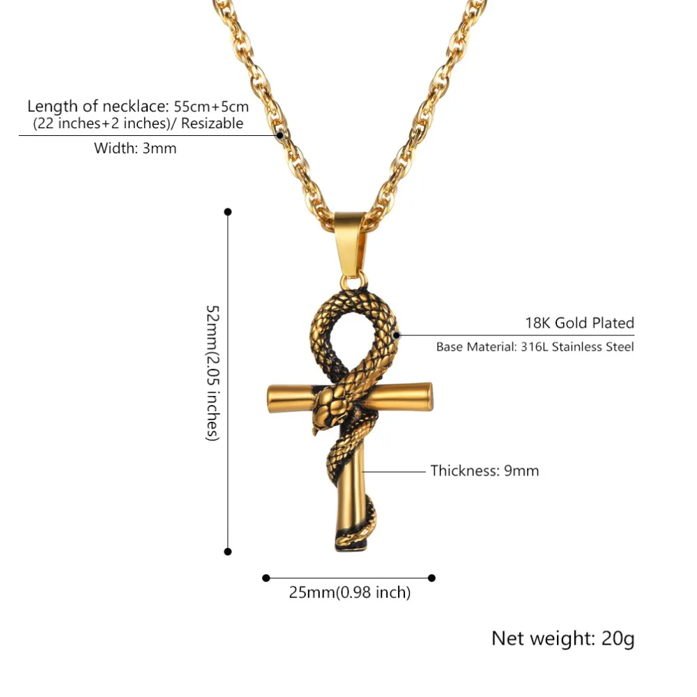 Egyptian Ankh Cross Snake Pendant Men Women Stainless Steel Necklace 22" Egyptian Ankh Cross Snake Pendant Men Women Stainless Steel Necklace 22"