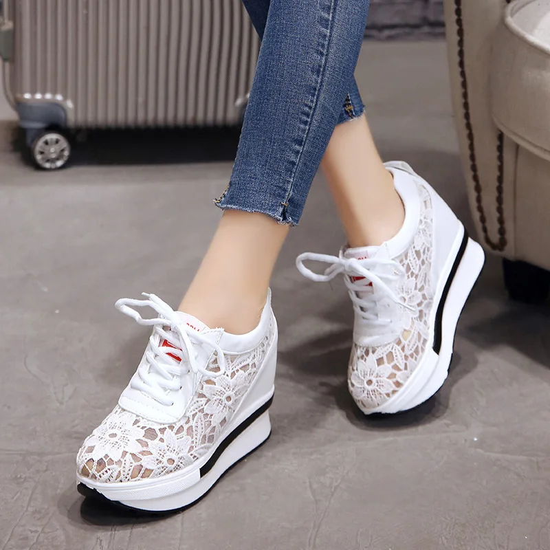

Height Increasing Women Shoes 2019 Breathable Suumer High Heel Lace Black White Women Sneakers Wedge Thick Platform Shoes Woman