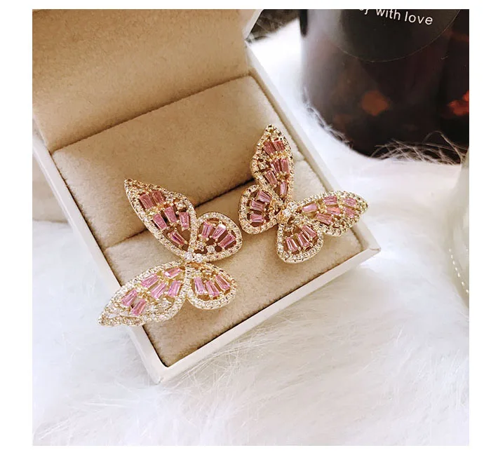 Модные элегантные серьги-гвоздики с милыми розовыми бабочками для женщин, женские ювелирные украшения, высокое качество, кубический цирконий