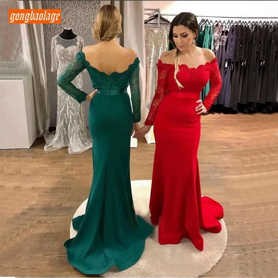 

Sexy Off The Shoulder Mermaid Prom Dresses Long Sleeves Lace Sweep Train 2019 Elegant Green Evening Dress Prom Women Party Gown