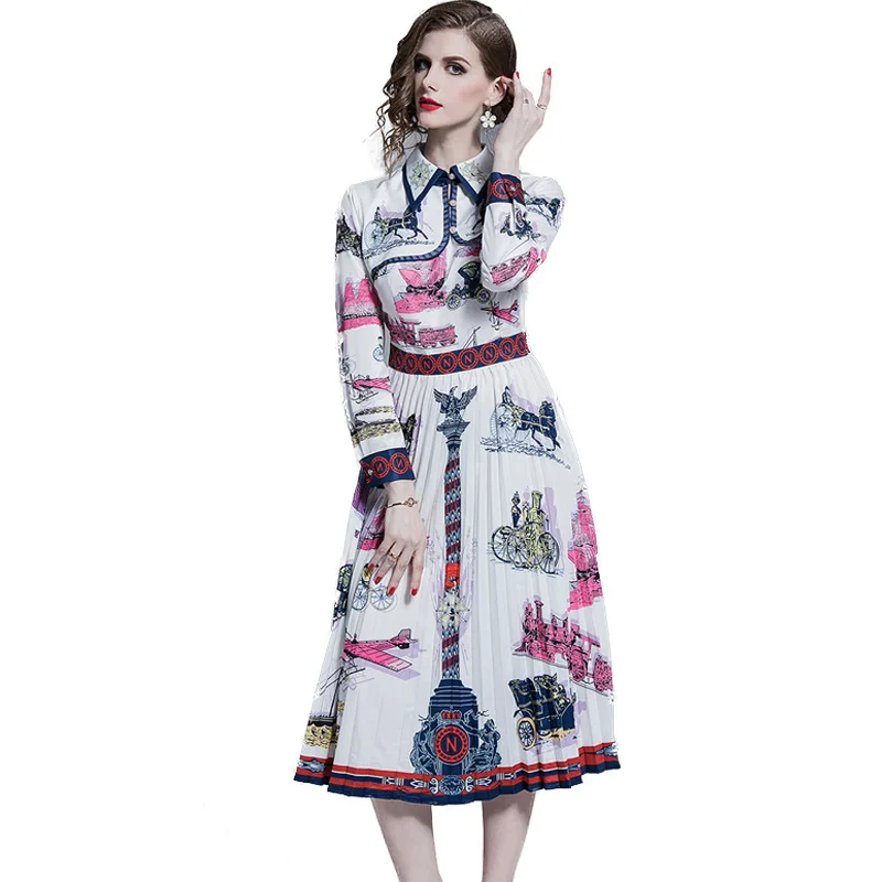 

2019 New European And American Foreign Trade Ladies Dress Cross-Border Women'S 2019 Fashion Lapel High Waist long pleated