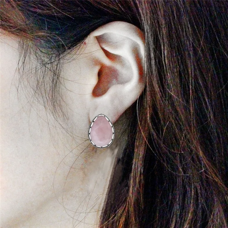 Vintage Water Drop Pink Quartz Stud Earrings For Women Stainless Steel Stud Pin Antique Silver Plated Earrings