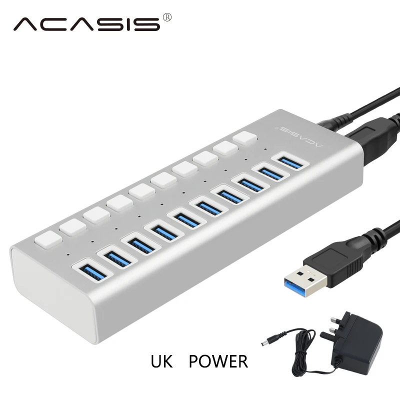 Acasis usb-хаб 3,0 10 портов супер скорость 5 Гбит/с Портативный USB 3,0 концентратор разветвитель с внешним адаптером питания ПК для аксессуаров