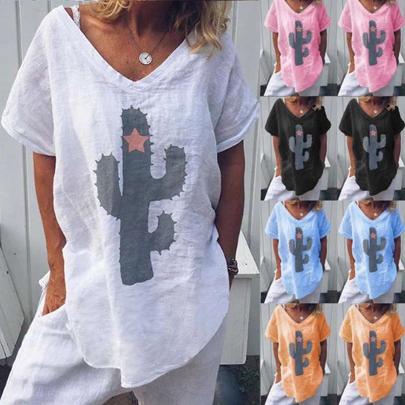 Summer Hot Popular Womens Casual Plant Printing Cotton Linen V Neck Blouse Ladies Baggy Short Sleeve Tops 2019 | Женская одежда