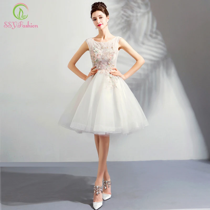 SSYFashion Новые короткие коктейльные платья милые белые кружевные аппликации Бисер