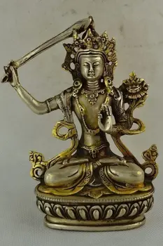

Old Decorated Handwork Miao Silver Gilding Carving Buddha Exorcise Statue