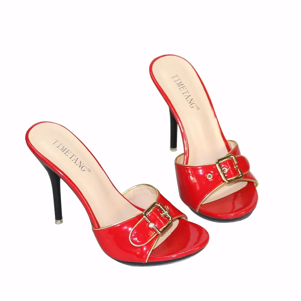 

2018 New Arrived Fashion Candy Colors 10.5CM Thin High Heels Slippers Sexy Open Toe Buckle Indoor Slides For Women Size 32-42