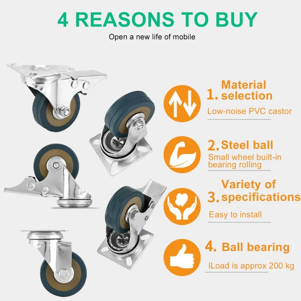 

Durable 2 Inch 50mm Industrial Castor 4 PCS 200kg Load Capacity Transport Rolling Wheel Universal Towing Rollers NEW