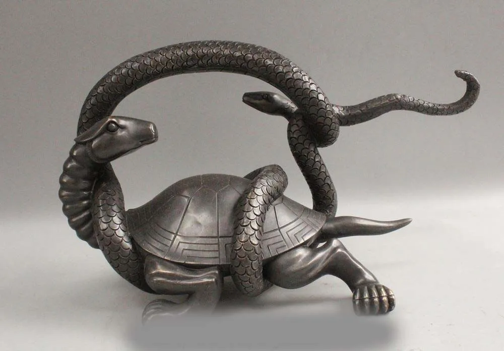 

11" Chinese Feng Shui Bronze Snake tortoise Turtle basaltic Statue Sculpture