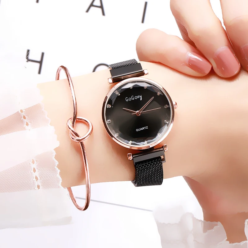 Top Brand Popular Watches For Women Rose Gold Mesh Magnet Buckle Quartz Watch Geometric Surface Casual Women Quartz Wristwatch
