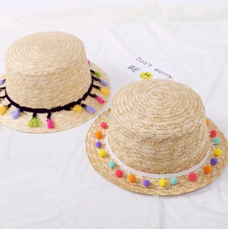 2018 New Women Pom Poms Hat Summer Sun straw Hat girls Boho Hat Holiday