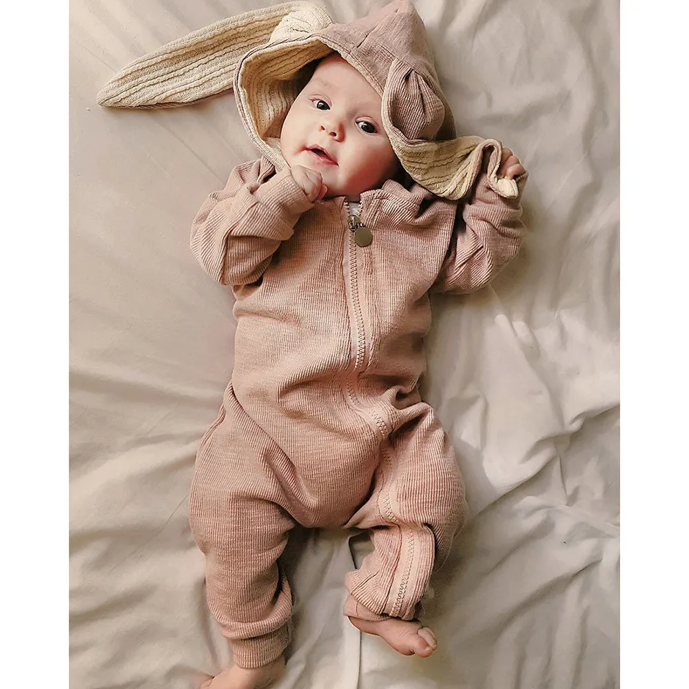 Для маленьких девочек и мальчиков, состоящий из одежда теплая, верхняя одежда для новорожденных с рисунком кролика 3D ухо зимний комбинезон с длинными рукавами детский комбинезон, костюм 18Jul25