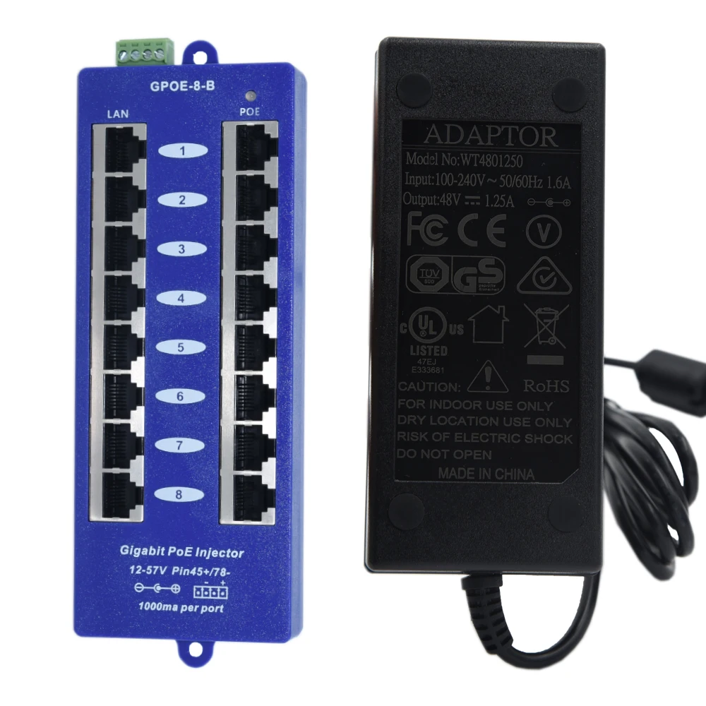 48 v 60 w 8 Порты и разъёмы Gigabit Мощность over Ethernet PoE инжектор для 802.3af устройства