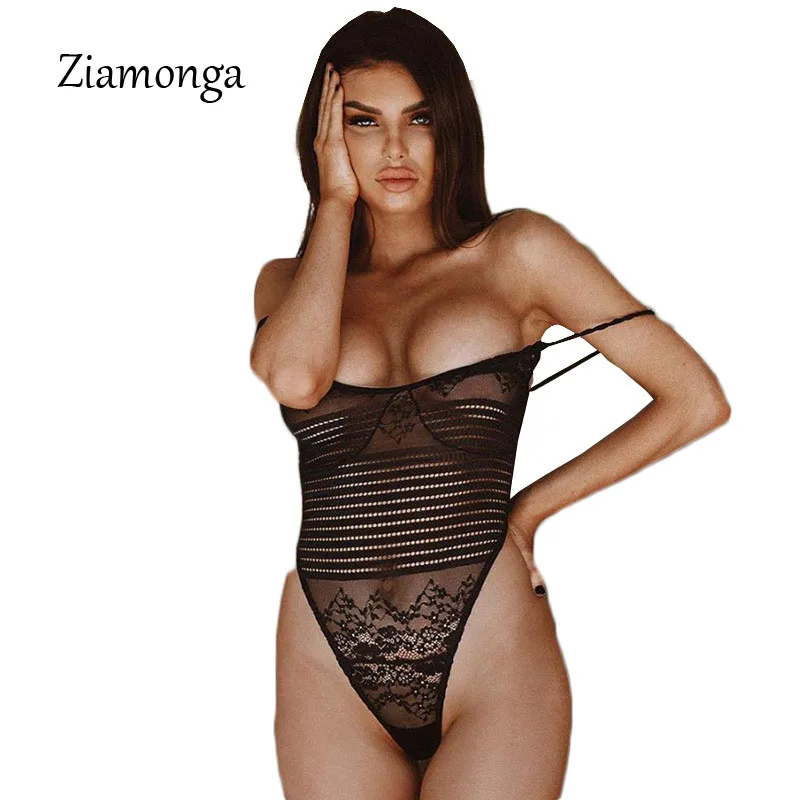 

Ziamonga 2019 Sexy Striped Perspective Lace Bodsyuit Romper Women Jumpsuit Summer Sleeveless Mesh Femme Playsuit Women Overalls