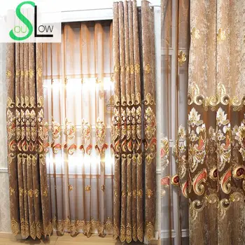 

Slow Soul Brown Blue High End European Water Soluble Hollow Chenille Embroidery Curtains For Living Room Kitchen Tulle Bedroom