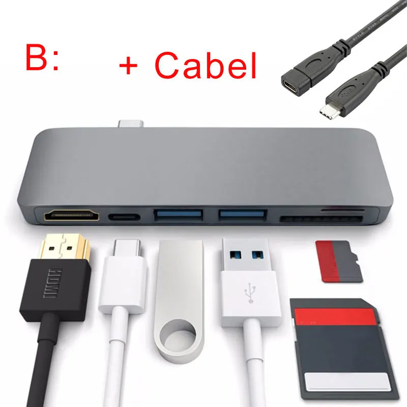 Uosible Thunderbolt 3 адаптер USB C к HDMI Поддержка DEX PC режим для samsung телефон NS с PD устройство для чтения карт SD TF слот USB 3,0 - Цвет: Gray add cable