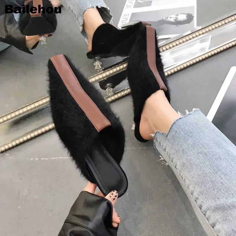 

Bailehou Women Brand Slippers Crystal Heel Mule Shoes Slip On Outdoor Slides Women Low Heel Shoes New Horsehair Loafer Chaussure