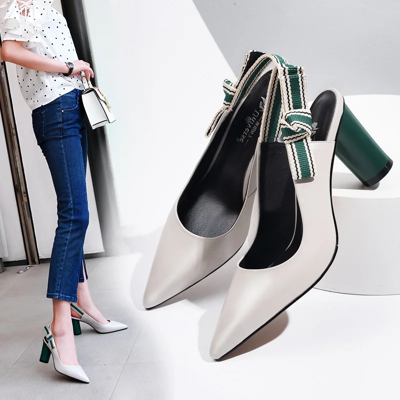 Universe Leisure Genuine Leather Pumps Women Shoes Slingbacks Womens Heels High Quality Butterfly-knot Ladies Pumps 8cm H134
