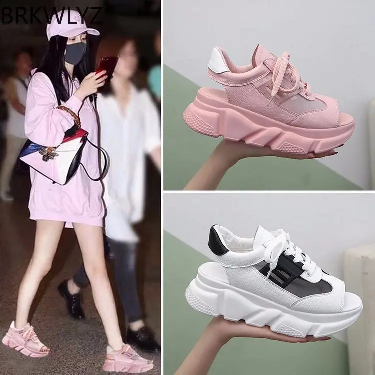 

BRKWLYZ Women's Sandals 2019 Summer Muffin Thick Bottom Fish Mouth Sports Sandals With Breathable Mesh Real Leather Casual Shoes