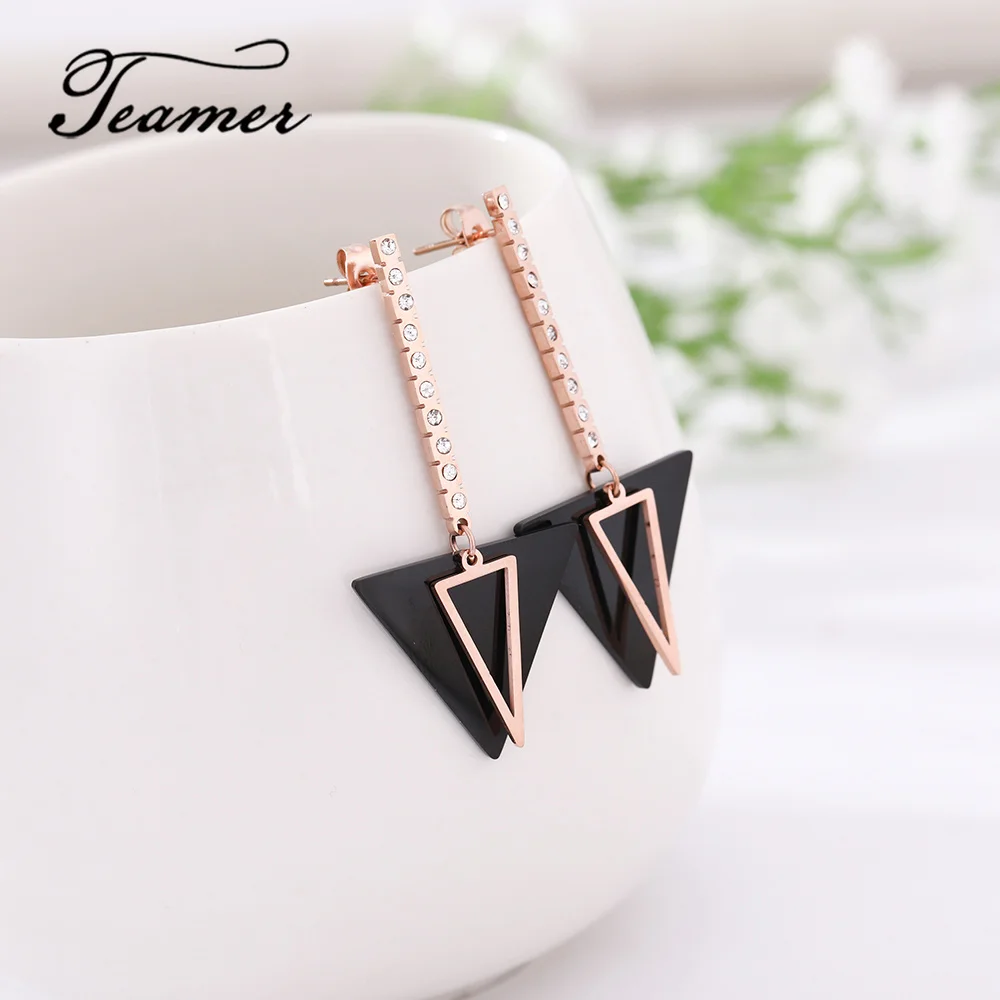 

Teamer Korean Simple Stainless Steel Jewelry Earrings for Women Triangle Geometric Chain Drop Earrings CZ Crystal Brincos