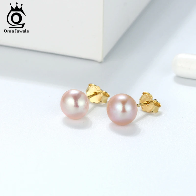 ORSA JEWELS 925 Sterling Silver Pearl Earrings 8mm White Pink Purple Round Freshwater Pearl Women Earrings Gold Jewelry OSE86 - Image 3