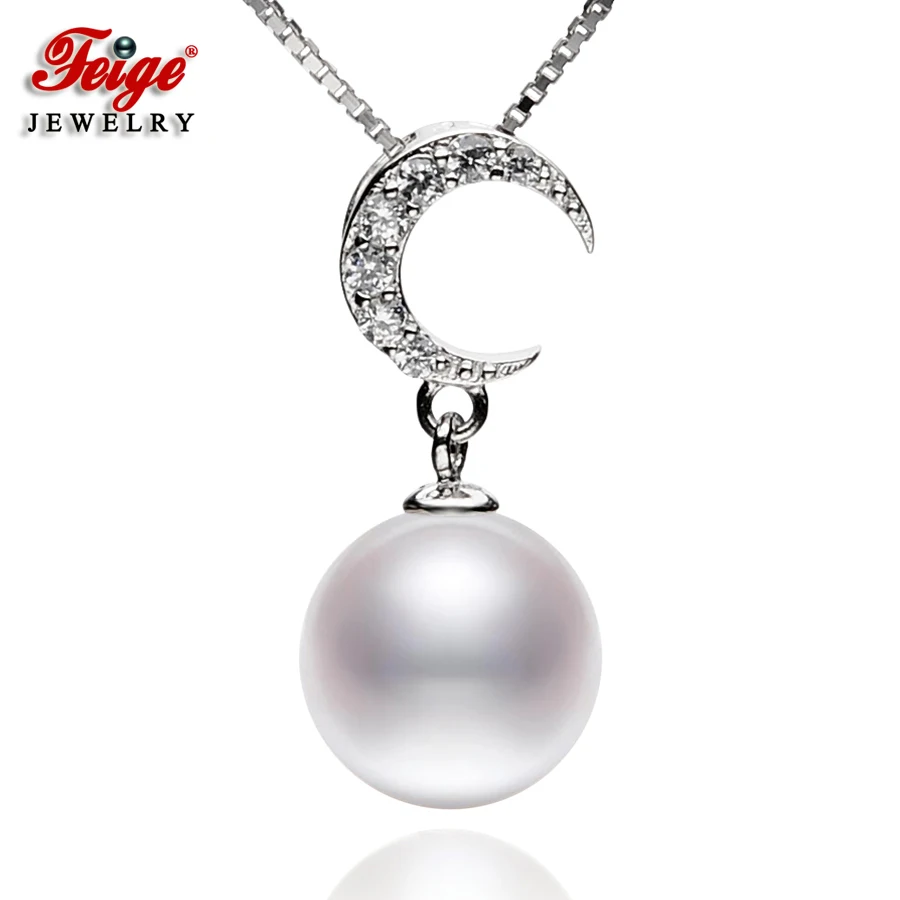 

FEIGE Moon-Shape Real 925 Sterling Silver Necklaces & Pendants with 9-10mm Round Natural Freshwater Pearl Jewelry for Women's