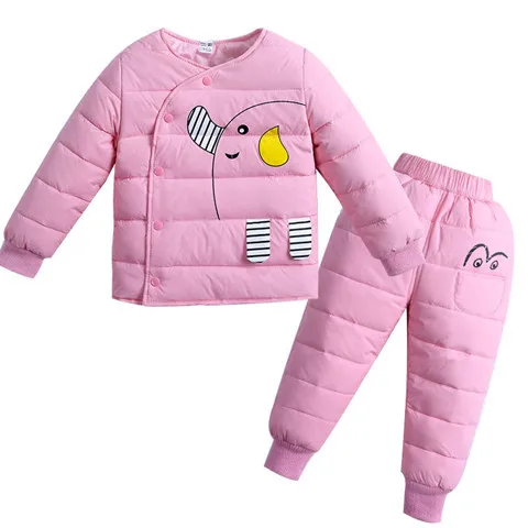 BINIDUCKLING/зимние комплекты одежды для детей комплекты с курткой на утином пуху пуховые пальто для маленьких мальчиков и девочек со штанами детская одежда с длинными рукавами - Цвет: Розовый