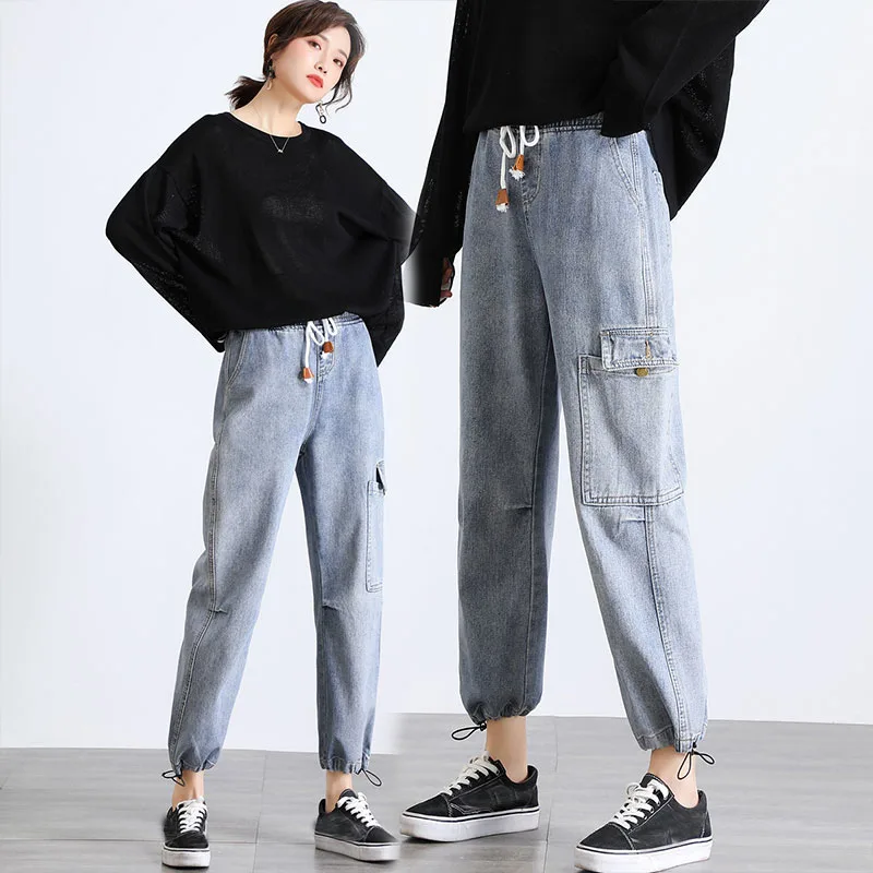 

Vintage Short Denim Jeans For Women 2019 New High Waist Slim Boyfriend Harem Pants With Pockets Plus Size Loose Trousers A061