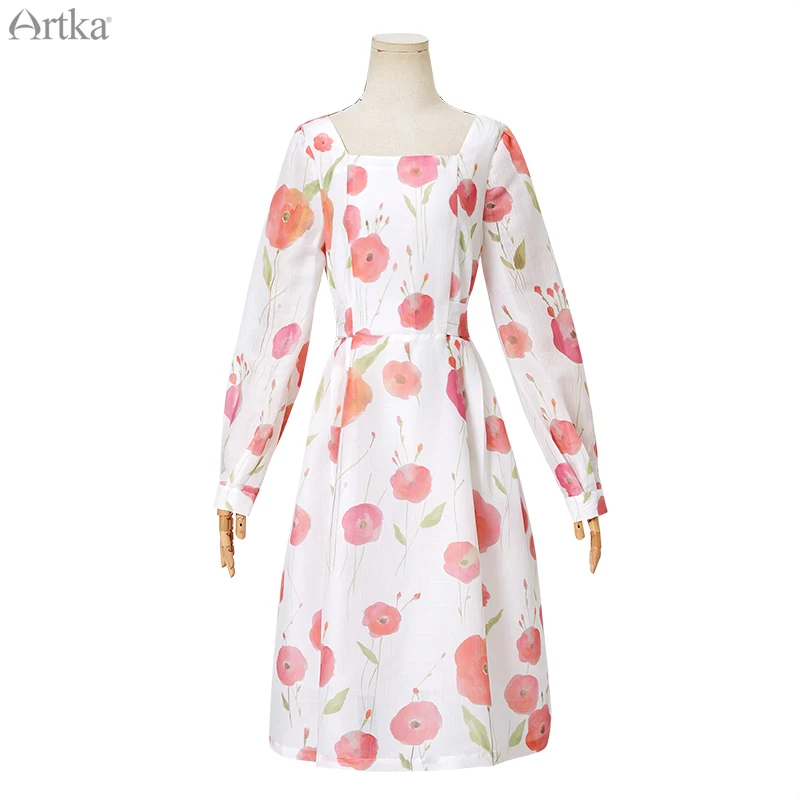 Женское винтажное платье ARTKA средней длины с длинным рукавом и поясом