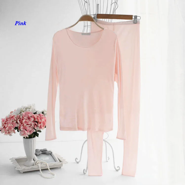 100% Silk Knitted Lady Round Neckline Long Johns Double-faced Knitted Pure Silk Long Sleeve Underwear Set Women With Gift Mask