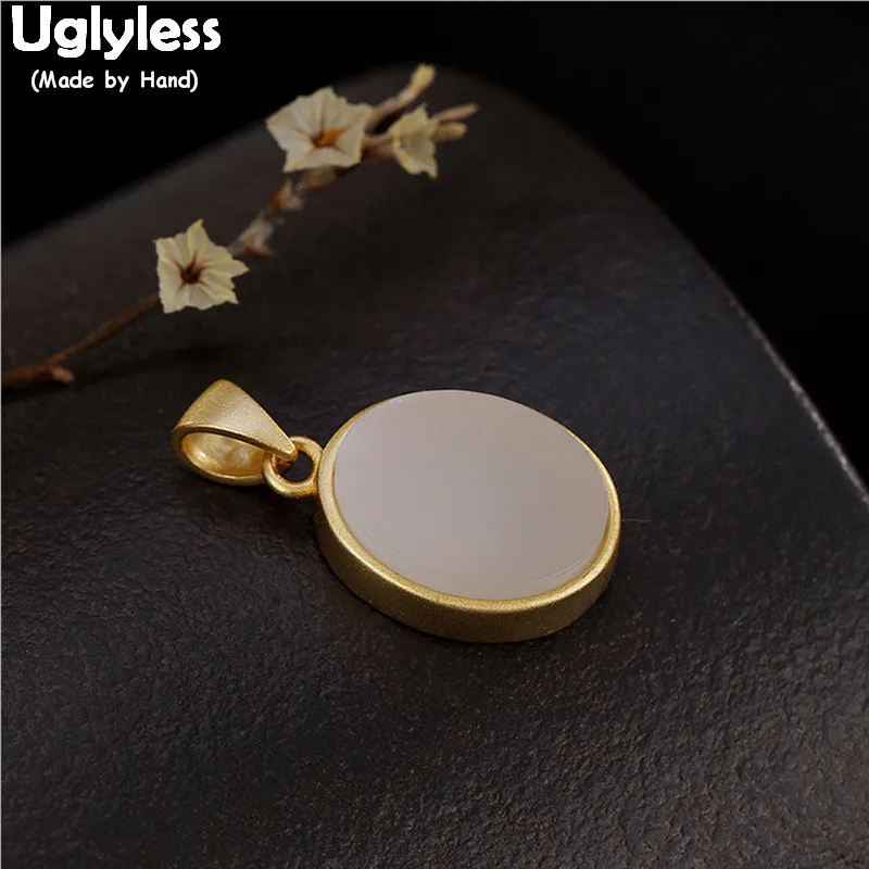 

Uglyless 925 Sterling Silver Oval Pendants Rings Jewelry Sets for Women Simple Geometric Natural Jade Necklaces NO Chains Gold