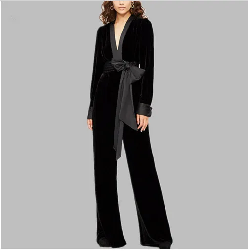 

High Quality Runway Women Elegant Women's Romper V Neck Long Sleeve High Waist Velvet Jumpsuits